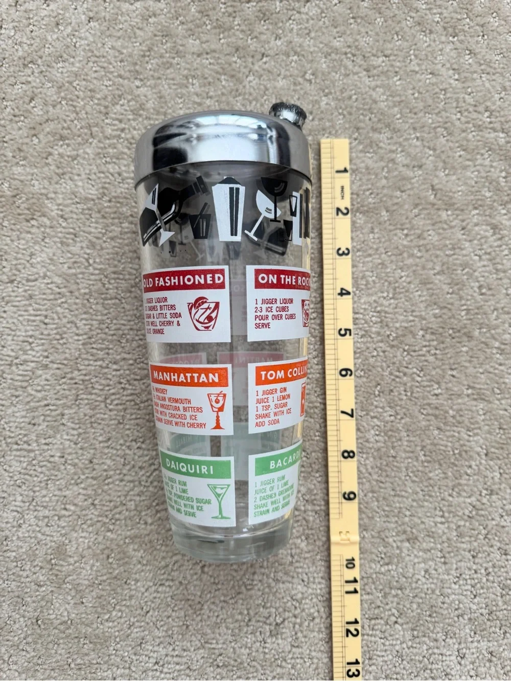 Vintage Glass Cocktail Shaker with Recipes Mid Century Modern Barware Chrome Lid